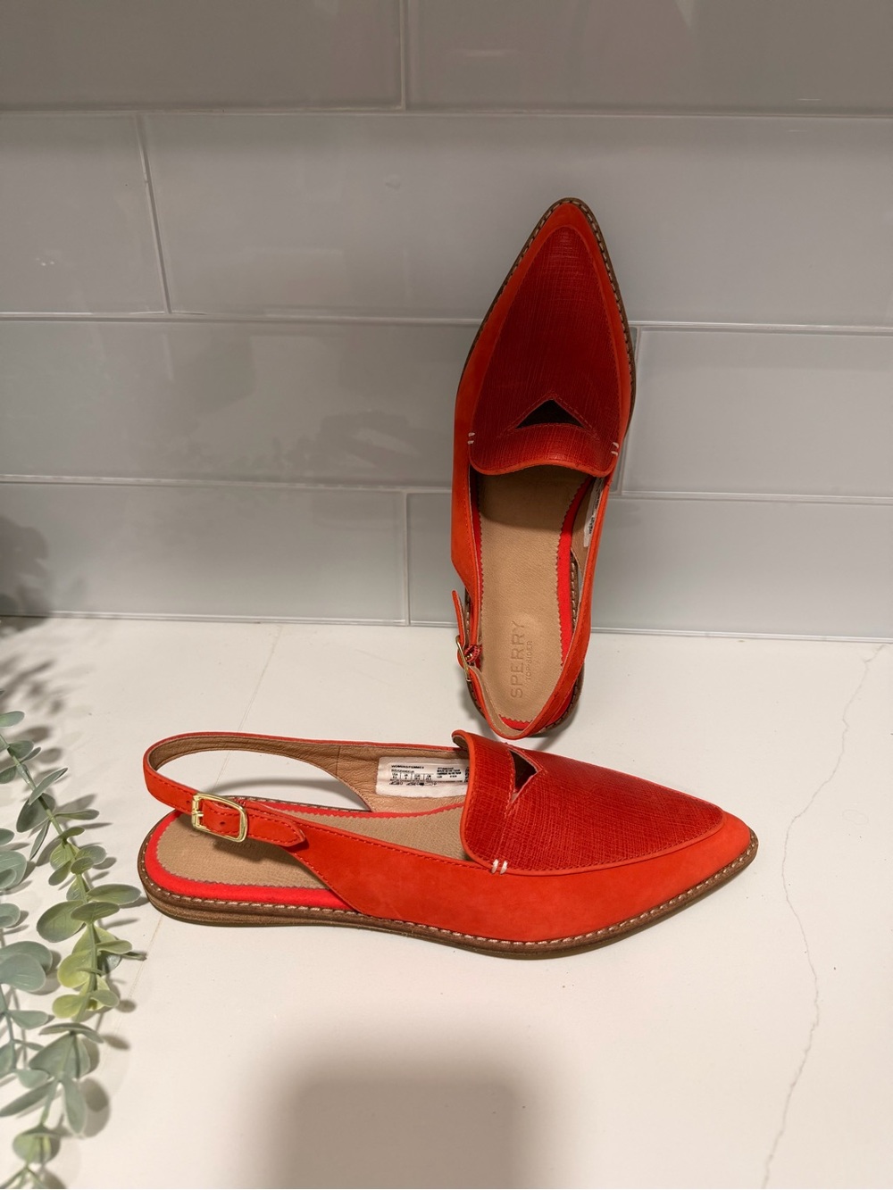Sperry Saybrook Slingback Leather Loafers Flats Sz 8.5 Orange Red Point Toes